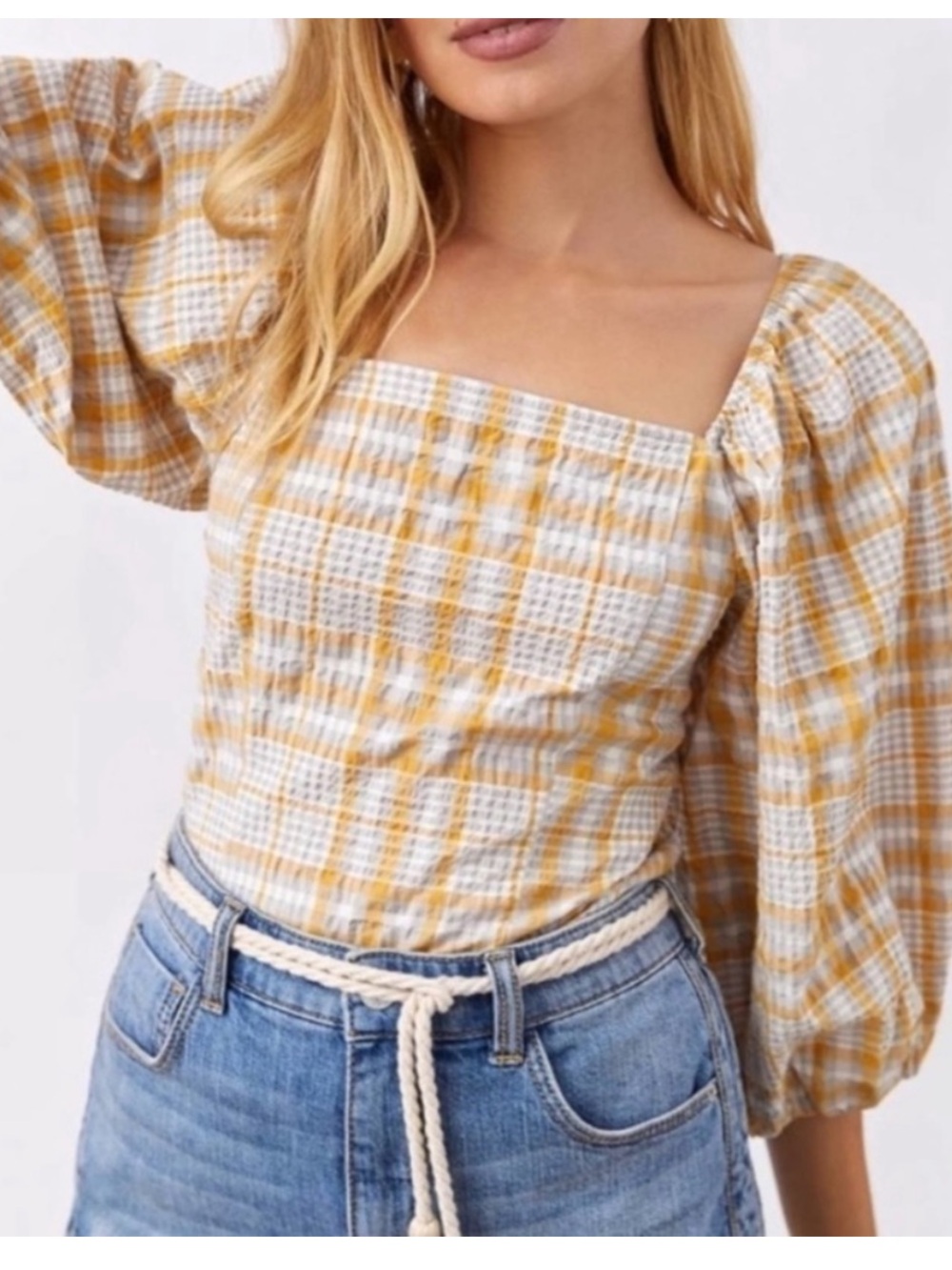Anthropologie Maeve Plaid Print Square-Neck Blouse Puff Sleeves Cream Yellow Top